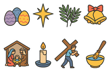 Religious Holidays Icons. Flat vector mini-illustrations Religious holidays in colors children's illustrations: Easter eggs,