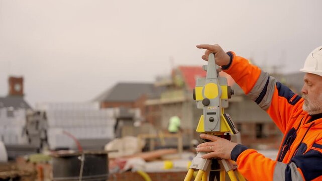 Surveyor measures land at a construction site in an urban area with specialized equipment in the morning light