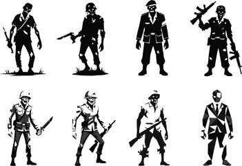 Zombie Soldier Vector Set, Armed Undead Characters, Military Horror Creatures with Guns and Weapons, Creepy Silhouettes for Halloween, War, and Apocalypse Themes