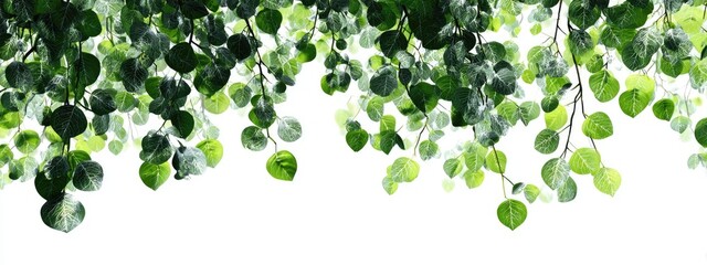 Fototapeta premium Fresh green foliage cascading downward against a white background