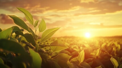 vibrant soybean field at sunrise, with golden light illuminating fresh green leaves, creating serene and hopeful atmosphere