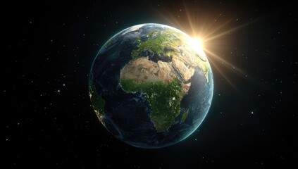 Earth rising in a cosmic void.  Sunrise view of a detailed planet