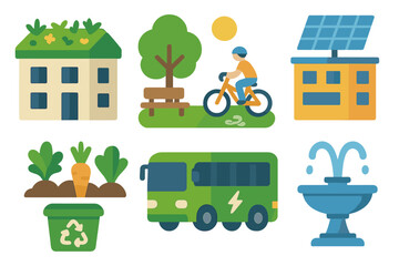 Obraz premium Urban Eco Icons. Flat vector mini-illustrations urban sustainability in colors children's illustrations: green roof, public park,