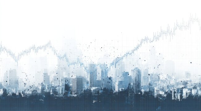 City skyline overlaid with financial data, showing a trend line