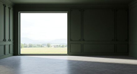 Fototapeta premium Elegant empty room with dark green classic walls and a large window showcasing a bright natural landscape