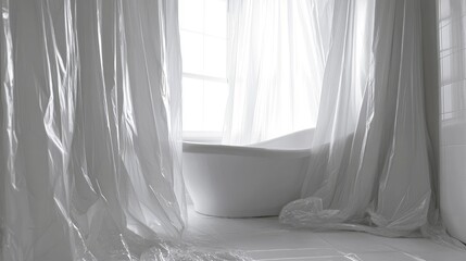 white plastic curtain texture in bathroom, scary scene
