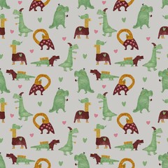 Seamless hand-drawn pattern with funny dinosaurs. Cute doodle style prehistoric animals, playful and whimsical. Perfect for kids products, textile, wrapping paper, wallpaper and stationery.