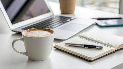 Close-up of coffee with latte art on a clean white desk, positioned between two open laptops and a notebook.