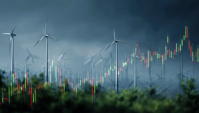 Wind turbines in a field, overlaid with stock market charts against a stormy sky