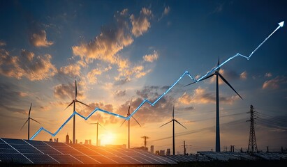 Sunrise over renewable energy, rising graph