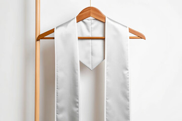 White graduation stole mockup on a wooden hanger