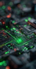 Obraz premium Close-up view of intricate circuit board, illuminated with vibrant green and orange lights. Blurred, out-of-focus background suggests depth and technological complexity