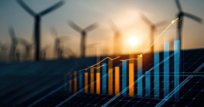 Solar panels, wind turbines, and upward financial charts overlaid