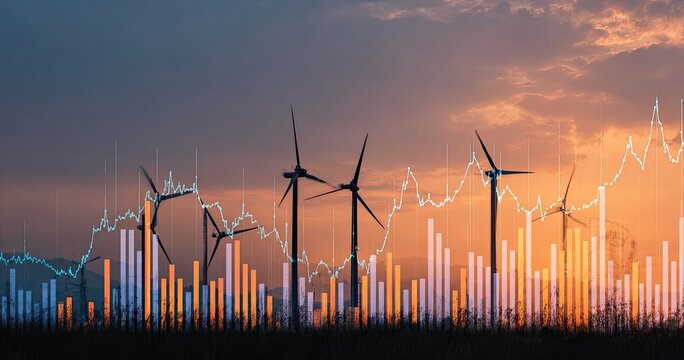 Wind turbines at sunset, overlaid with financial charts and graphs