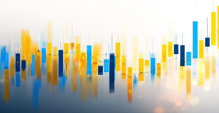 Abstract financial chart with vertical bars in shades of yellow, blue, and orange