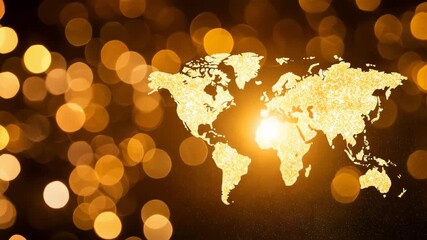 Golden World Map Overlay with Bokeh Lights for Global Themes - Powered by Adobe