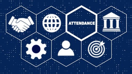 A Attendance concept on a futuristic .Hi tech motion graphic background, white flickering dots on dark background. 4K video motion graphic
