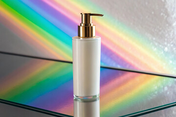Cosmetic pump dispenser bottle mockup with rainbow light