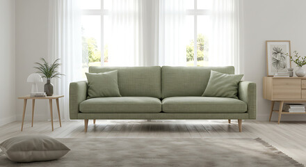 Interior of light living room with sofa, wooden cabinet, wooden table, houseplant and bright window.  Cozy interior for home leaving