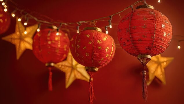Red lanterns and gold stars, festive decor
