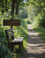 Naklejka premium Serene forest trail featuring a wooden bench and a blank signpost