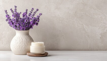 Cream jar and lavender in vase on light table