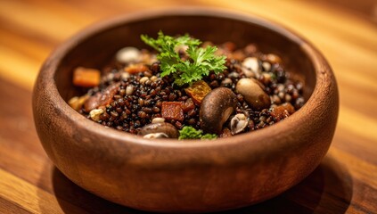 Wooden bowl brimming with mixed grains and vegetables