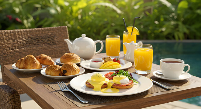 Exquisite Breakfast Spread Featuring Eggs Benedict, Fresh Pastries, Juicy Tropical Fruit And Refreshing Beverages By The Poolside In A Luxurious