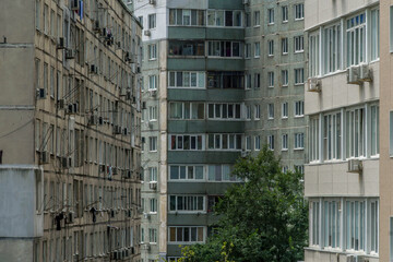 Dense Soviet era apartment blocks in Vladivostok, showcasing typical residential architecture in the Russian Far East.
