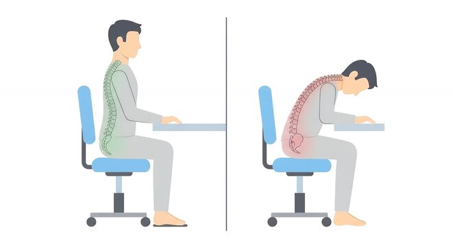 Good Versus Bad Sitting Posture Man at Desk with Healthy and Unhealthy Spine Comparison Ergonomic Illustration