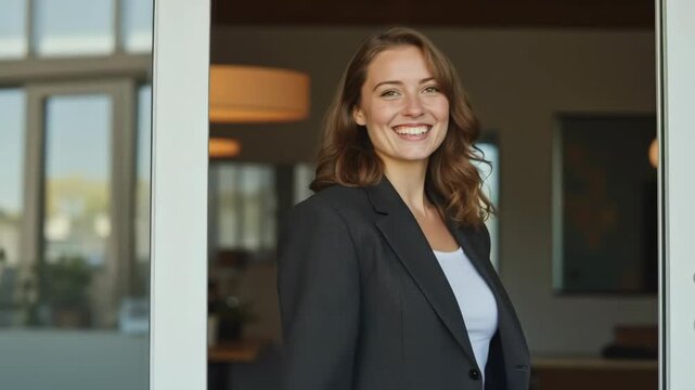 A friendly businesswoman waving goodbye with a warm smile as she leaves the office, creating a positive and welcoming image of professional life.

