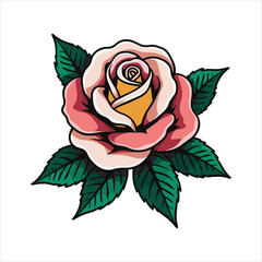 Colorful Rose Flower Vector Illustration,Vintage Rose Tattoo Style Design,Hand Drawn Rose with Green Leaves Vector,Bright Rose Blossom Floral Artwork,Bold Rose Tattoo Vector with Leaf Details
