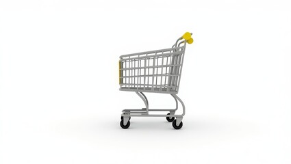 A grayscale shopping cart, angled, with yellow handles, set against a plain white background.