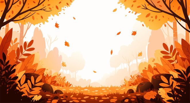 Fototapeta Scenic autumn forest path with falling orange leaves, a beautiful vector illustration for a fall season background