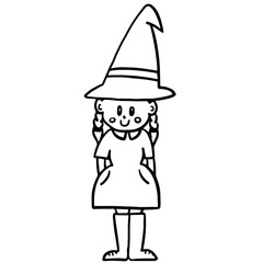 Hand drawn Halloween outline of a girl wearing pink dress and witch hat for decoration, kid, children, Halloween costume, people, school activity, cartoon character, comic, sticker, kid colouring book