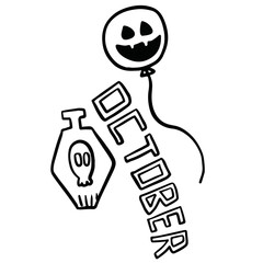 Hand drawn Halloween outline of spooky pumpkin balloon, OCTOBER letters, tombstone for decoration, Halloween party, cartoon character, comic, sticker, trick or treat, post card, kid colouring book