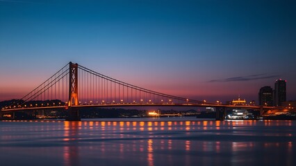 Naklejka premium Silhouetted suspension bridge at dusk with city lights
