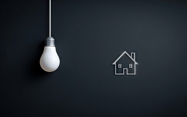 Conceptual Lightbulb illuminating House Idea Against Dark Gray Backdrop