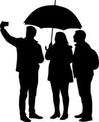 Silhouette of three people taking a selfie under an umbrella on a white background image design | editable eps vectors
