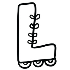 Hand drawn Christmas alphabet outline of letter L with roller skate for festive font, typography, winter season, campaign badge, initials, name, patch, calligraphy, sticker, cartoon text, message