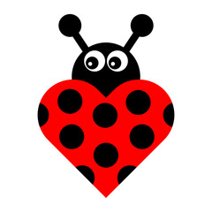 Cute Ladybug Heart Vector Illustration. The adorable insect features a bright red heart shaped body decorated with bold black spots, large cartoon eyes and two black antennae.