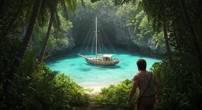 Adventurer discovers secluded tropical cove with a classic sailing ship anchored