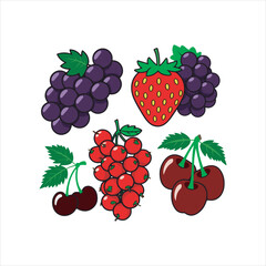Fresh Red and Purple Fruits Vector Illustration,Colorful Fruit Set with Strawberry Grapes Cherry,Flat Style Berry and Fruit Collection,Assorted Berries and Fruits Vector Design,Cartoon Red Fruits 