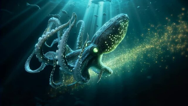 Epic Luminous Abyss Guardian 4K Video.
Dive into an awe-inspiring 4K 16:9 video featuring the Luminous Abyss Guardian, a majestic bioluminescent octopus gliding through the deep ocean with Hollywood-c