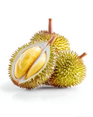 Obraz premium Fresh tropical durian fruit whole and opened showing sweet pulp on white