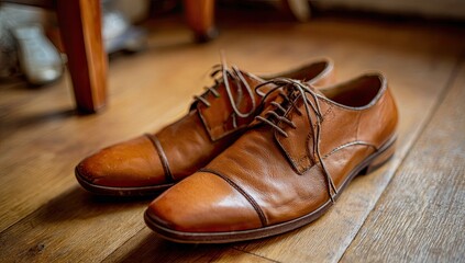 Pair of brown leather dress shoes on a wooden floor