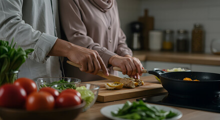 Couple Preparing Fresh Ingredients Together In Modern Kitchen, Slicing Vegetables And Cooking Gourmet Meal For Healthy Dinner