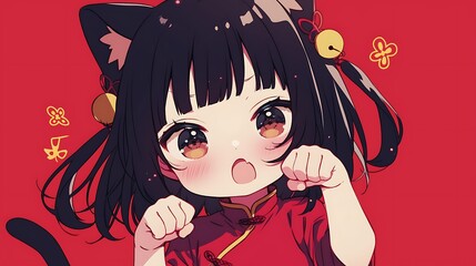 Chinese anime little girl with cat ears, meowing cat hand pose on red background
