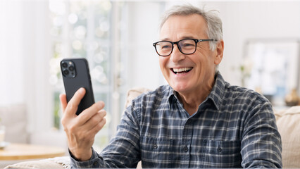 Szczęśliwy senior rozmawiający przez telefon komórkowy w domu