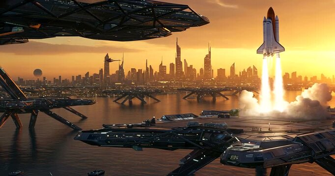 Futuristic rocket launch over a vibrant city skyline